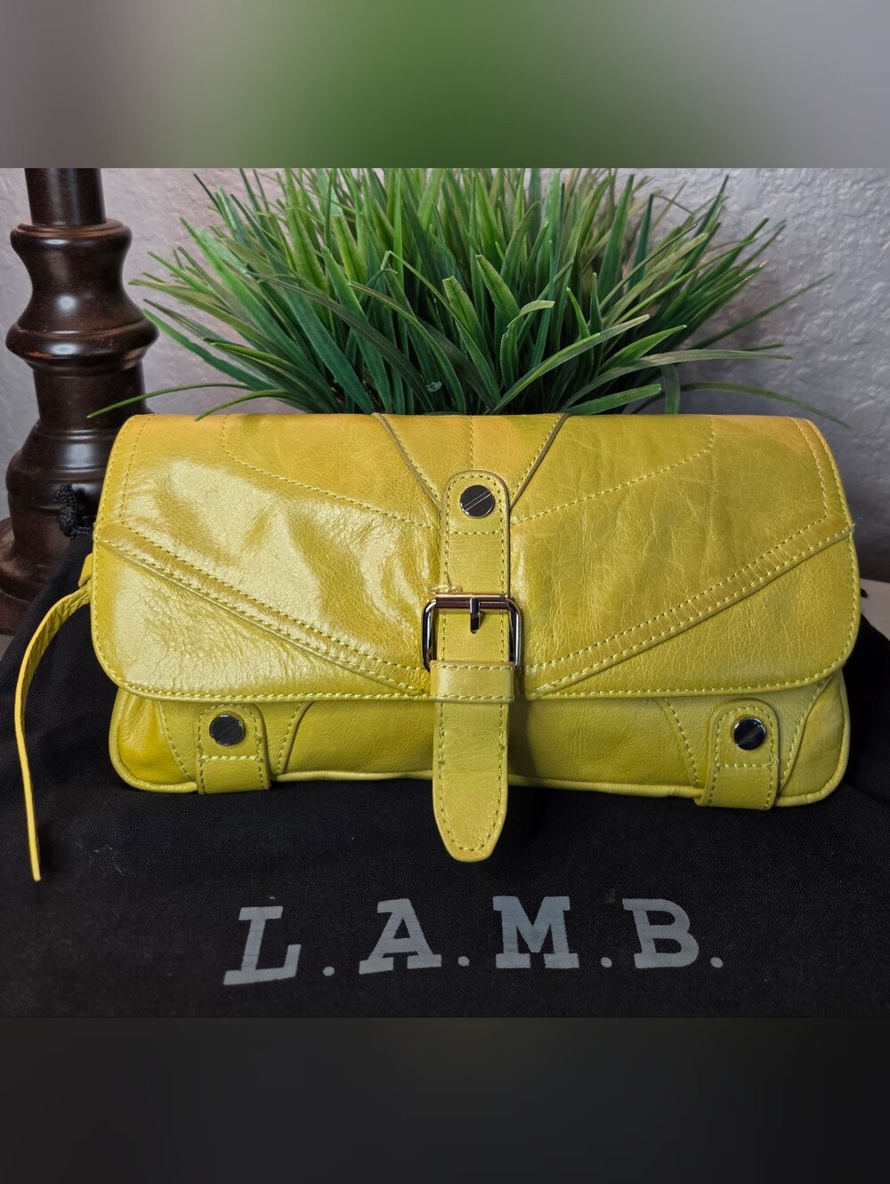 Vintage L.A.M.B. Gwen Stefani Chartreuse Leather Buckle Clutch Y2K